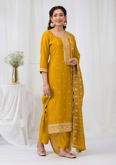 Mustard Sequins Raw Silk Readymade Salwar Suit-Koskii