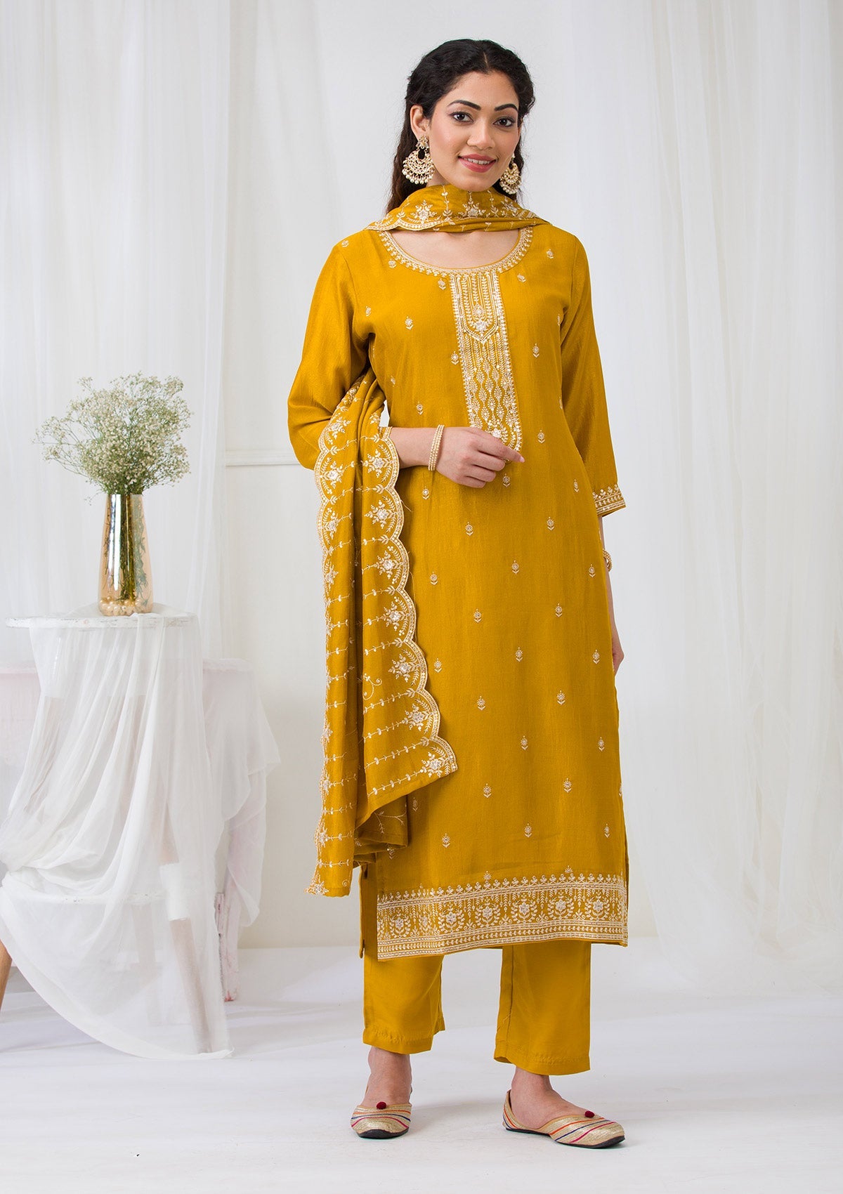 Mustard Sequins Raw Silk Readymade Salwar Suit-Koskii