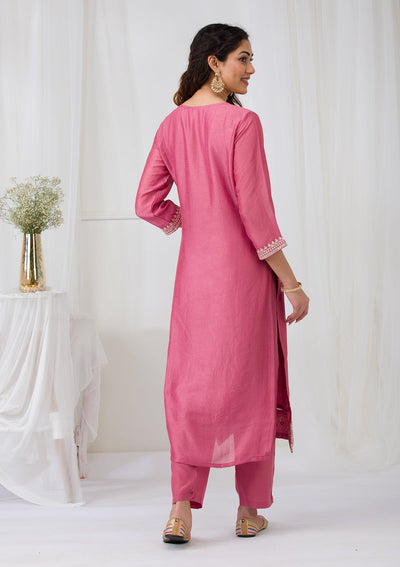 Onion Pink Sequins Raw Silk Readymade Salwar Suit-Koskii