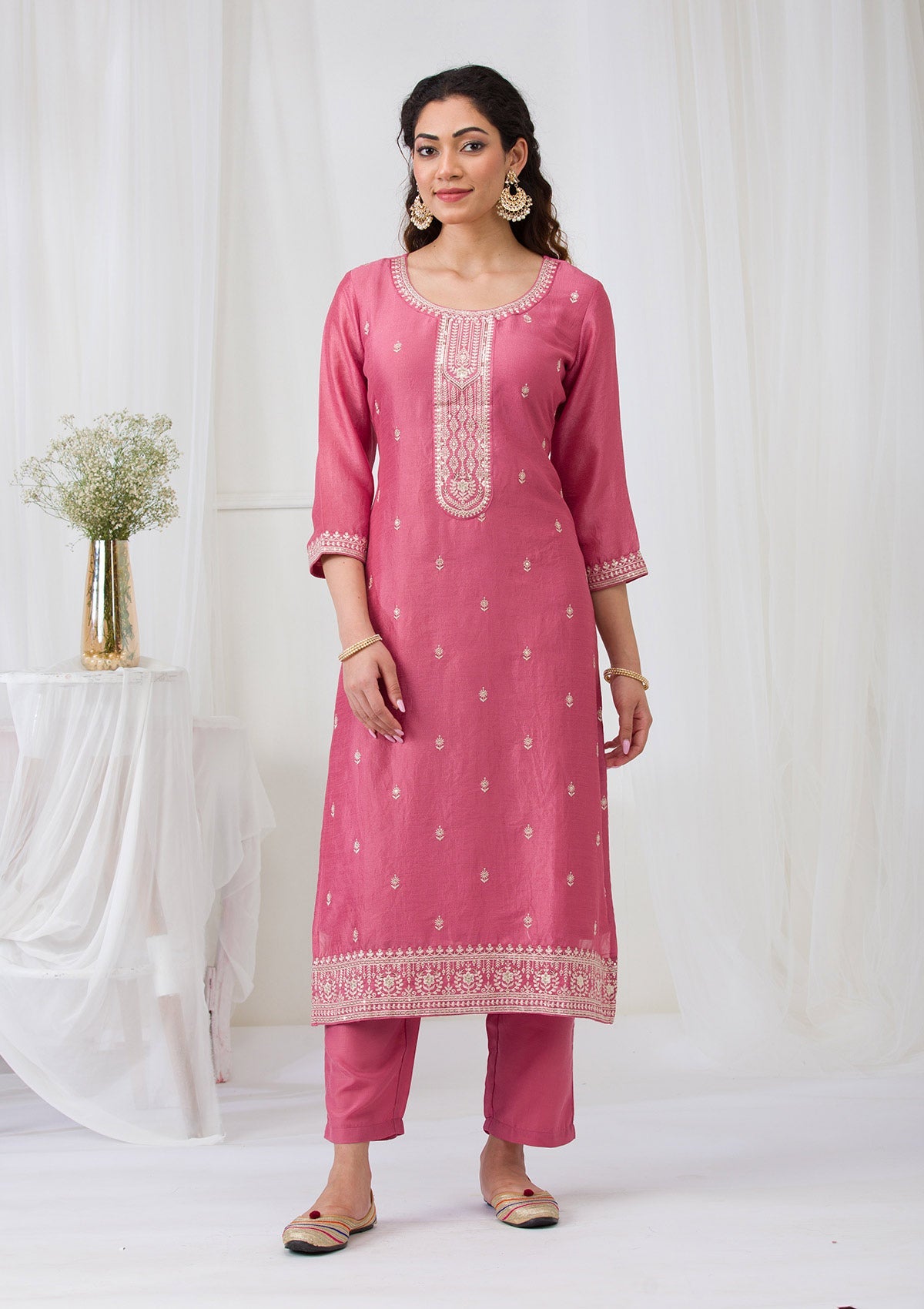 Onion Pink Sequins Raw Silk Readymade Salwar Suit-Koskii