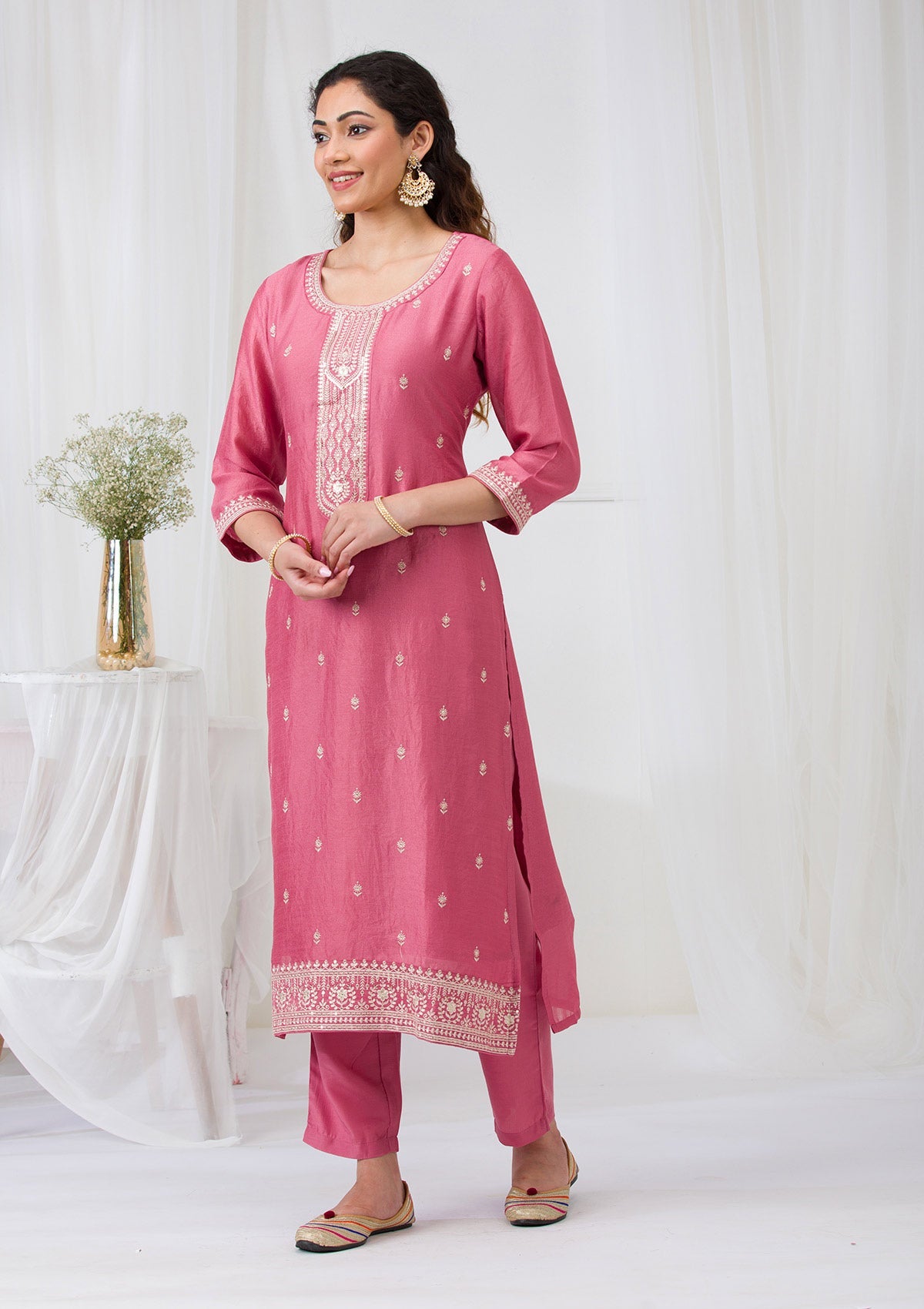 Onion Pink Sequins Raw Silk Readymade Salwar Suit-Koskii