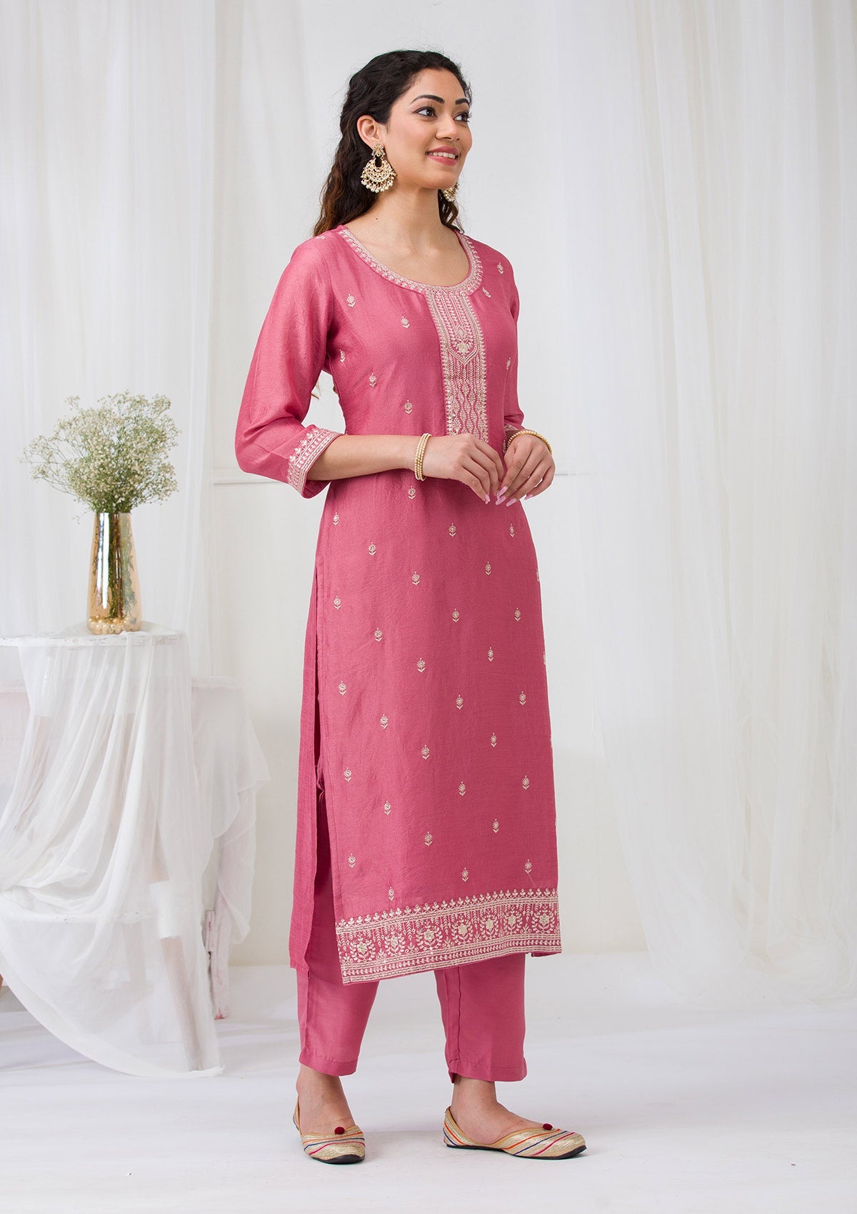 Onion Pink Sequins Raw Silk Readymade Salwar Suit-Koskii