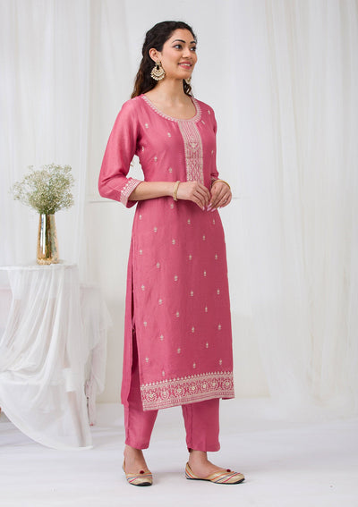 Onion Pink Sequins Raw Silk Readymade Salwar Suit-Koskii