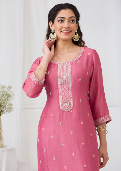 Onion Pink Sequins Raw Silk Readymade Salwar Suit-Koskii