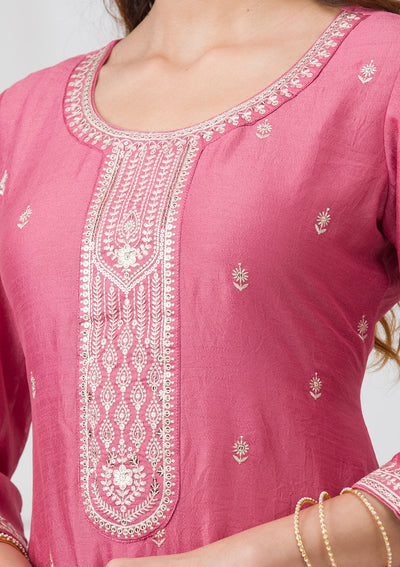 Onion Pink Sequins Raw Silk Readymade Salwar Suit-Koskii