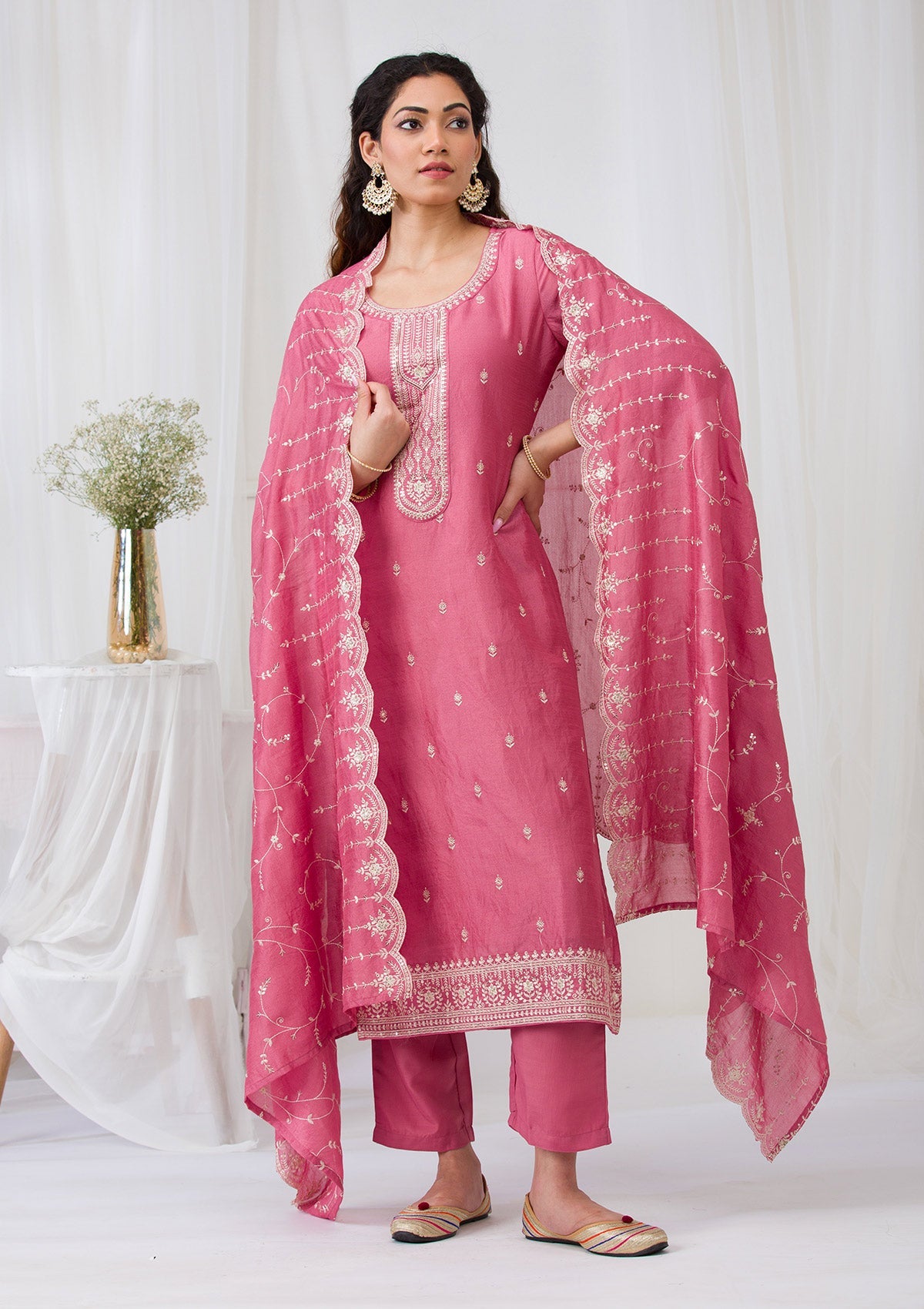 Onion Pink Sequins Raw Silk Readymade Salwar Suit-Koskii