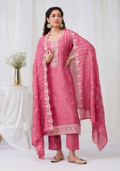 Onion Pink Sequins Raw Silk Readymade Salwar Suit