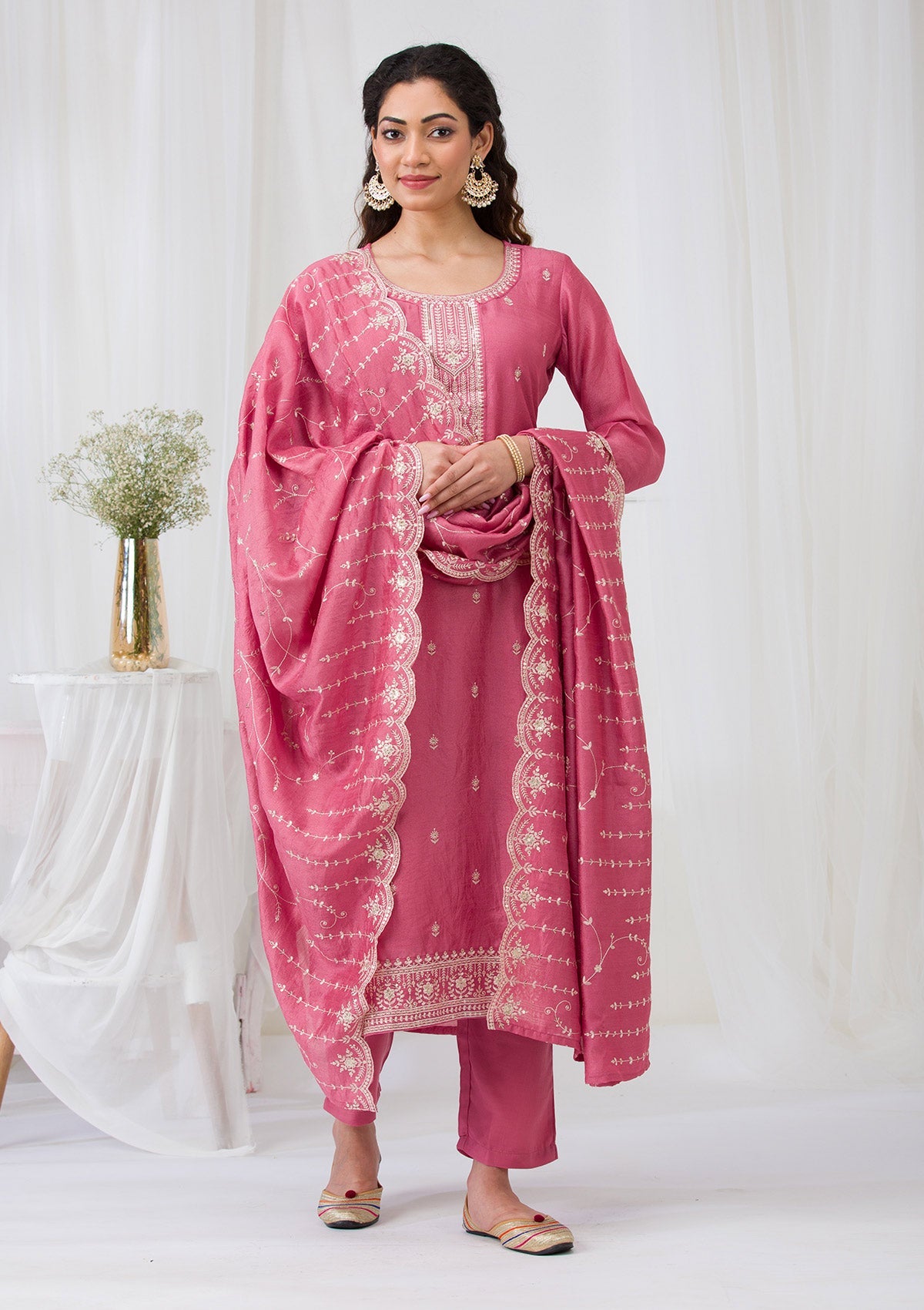 Onion Pink Sequins Raw Silk Readymade Salwar Suit-Koskii