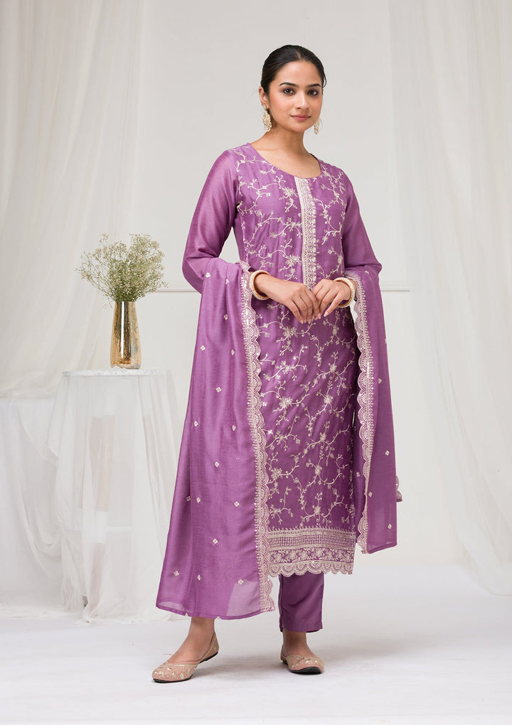 Lavender Threadwork Raw Silk Readymade Salwar Suit-Koskii