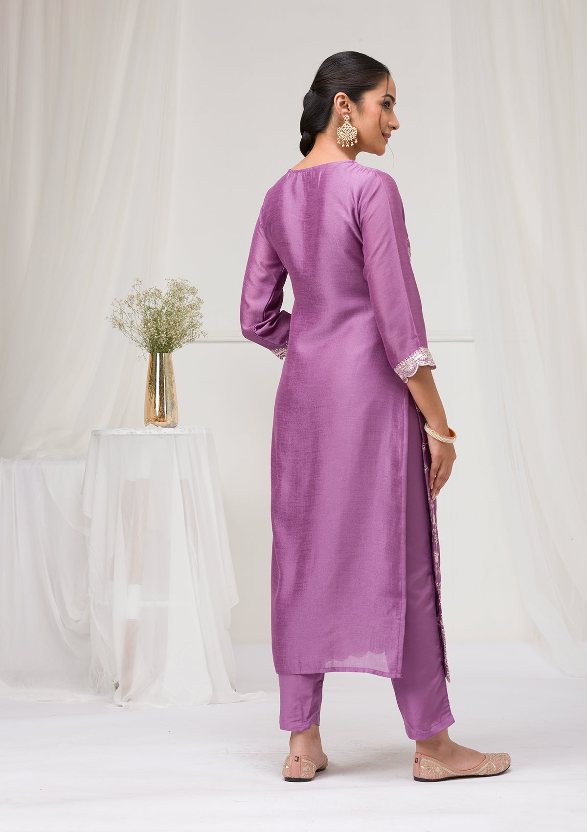 Lavender Threadwork Raw Silk Readymade Salwar Suit-Koskii