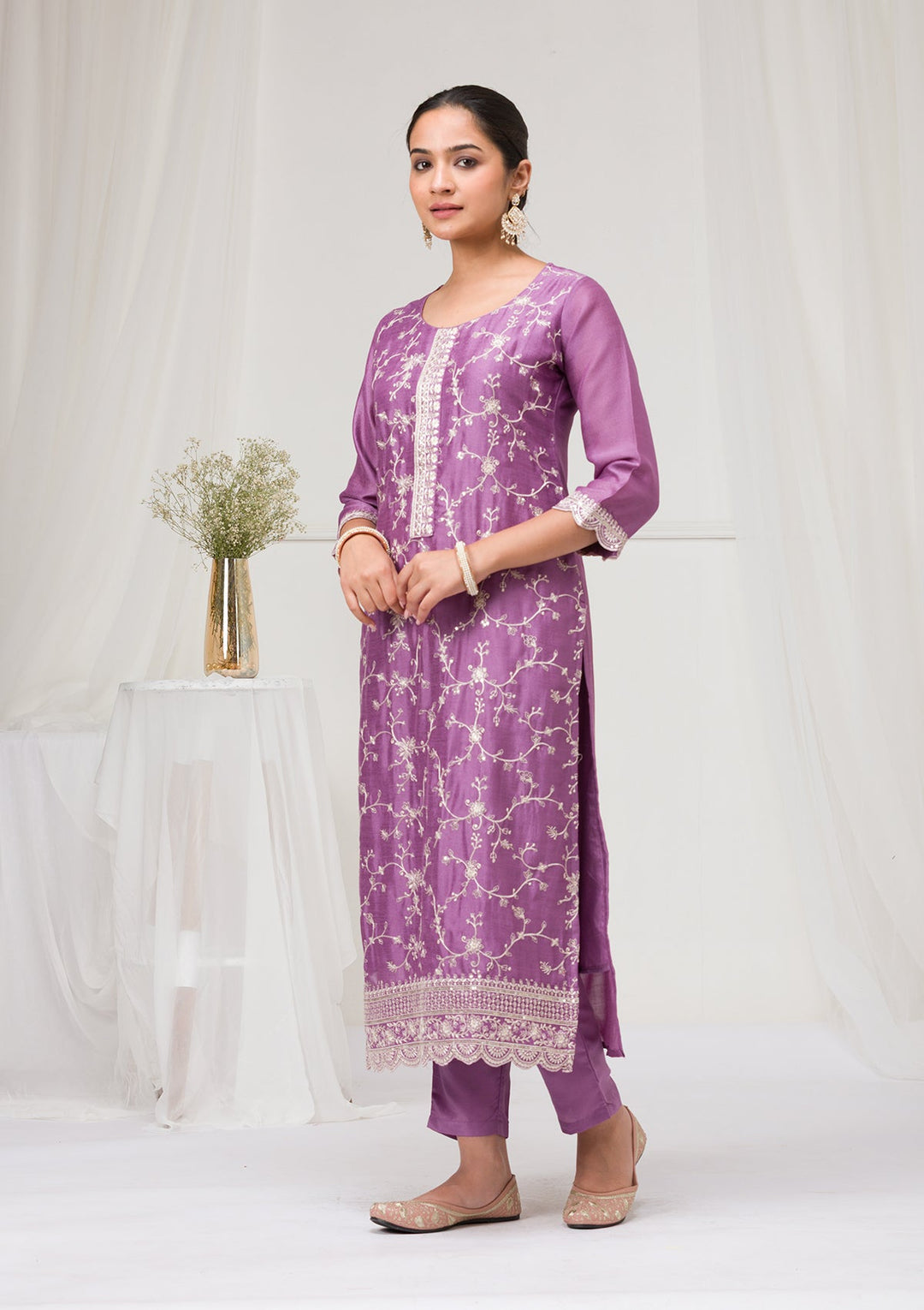 Lavender Threadwork Raw Silk Readymade Salwar Suit-Koskii