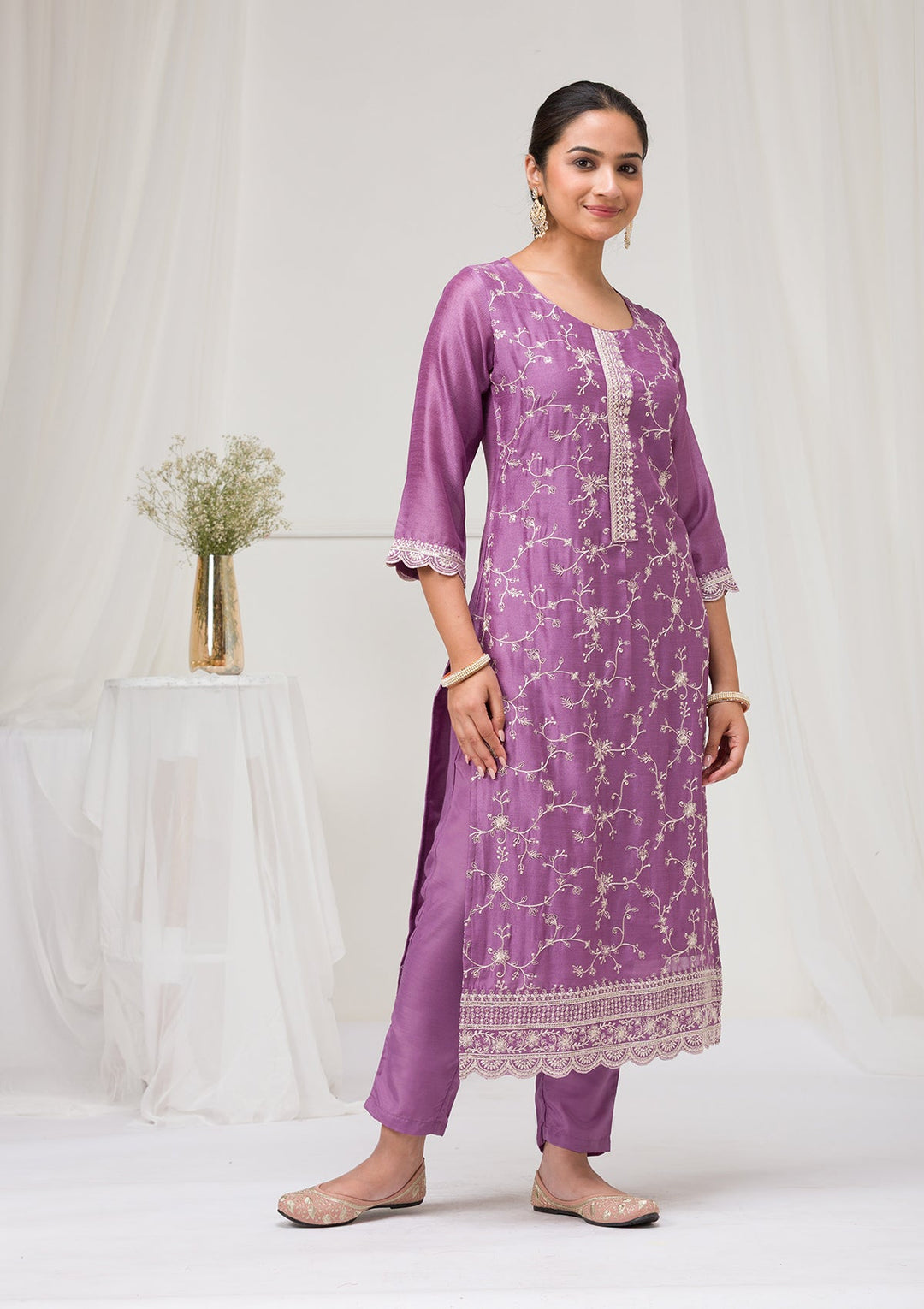 Lavender Threadwork Raw Silk Readymade Salwar Suit-Koskii