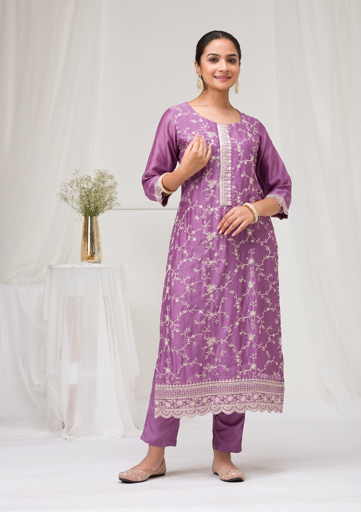 Lavender Threadwork Raw Silk Readymade Salwar Suit-Koskii