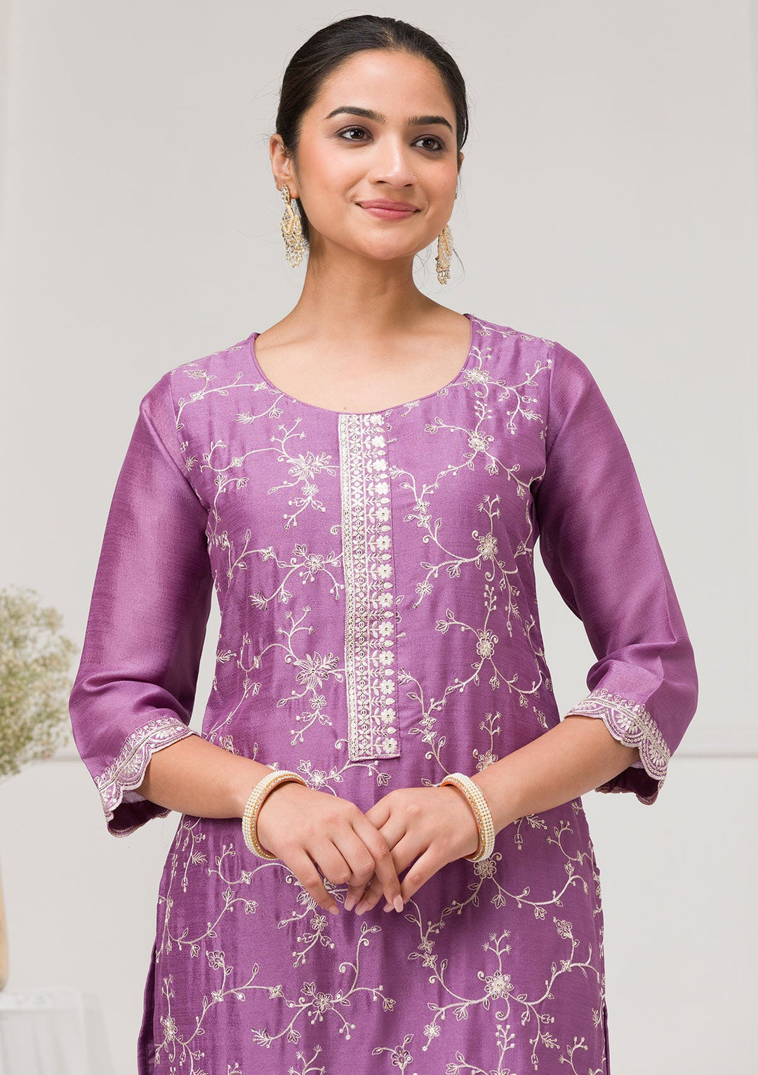 Lavender Threadwork Raw Silk Readymade Salwar Suit-Koskii
