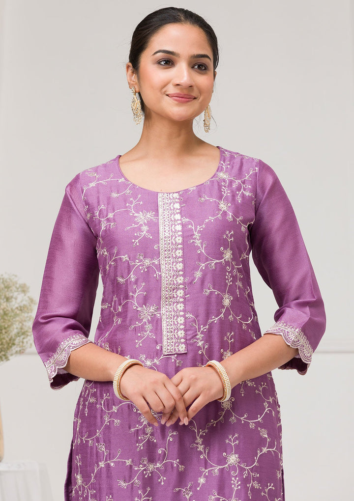 Lavender Threadwork Raw Silk Readymade Salwar Suit-Koskii