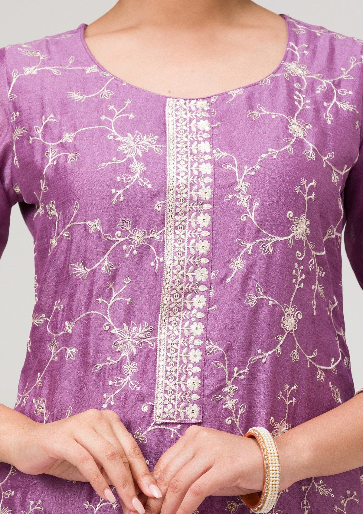 Lavender Threadwork Raw Silk Readymade Salwar Suit-Koskii