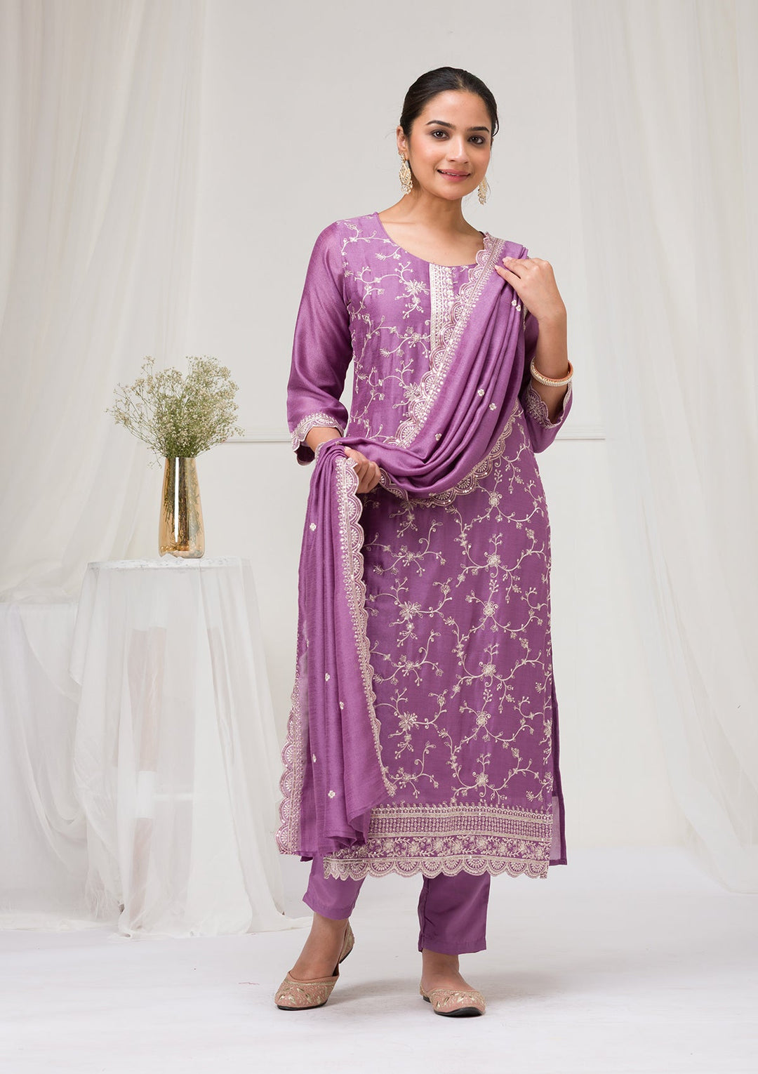 Lavender Threadwork Raw Silk Readymade Salwar Suit-Koskii