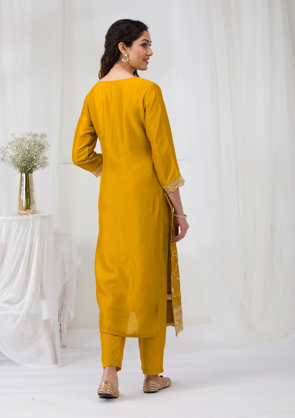 Mustard Sequins Raw Silk Readymade Salwar Suit-Koskii