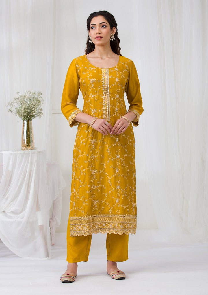 Mustard Sequins Raw Silk Readymade Salwar Suit-Koskii