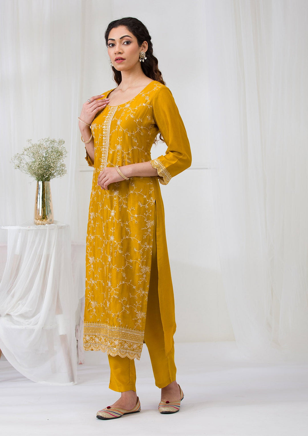 Mustard Sequins Raw Silk Readymade Salwar Suit-Koskii