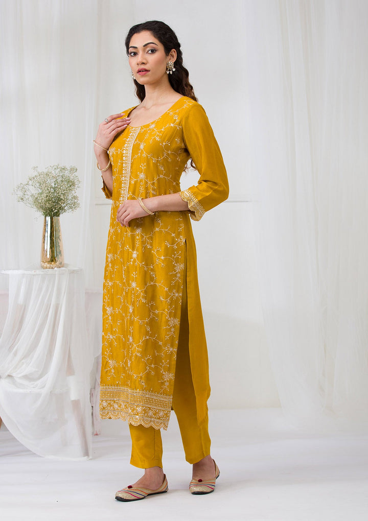 Mustard Sequins Raw Silk Readymade Salwar Suit-Koskii