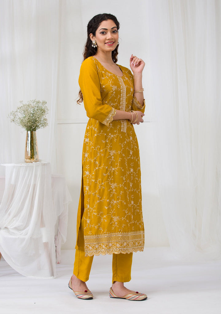 Mustard Sequins Raw Silk Readymade Salwar Suit-Koskii