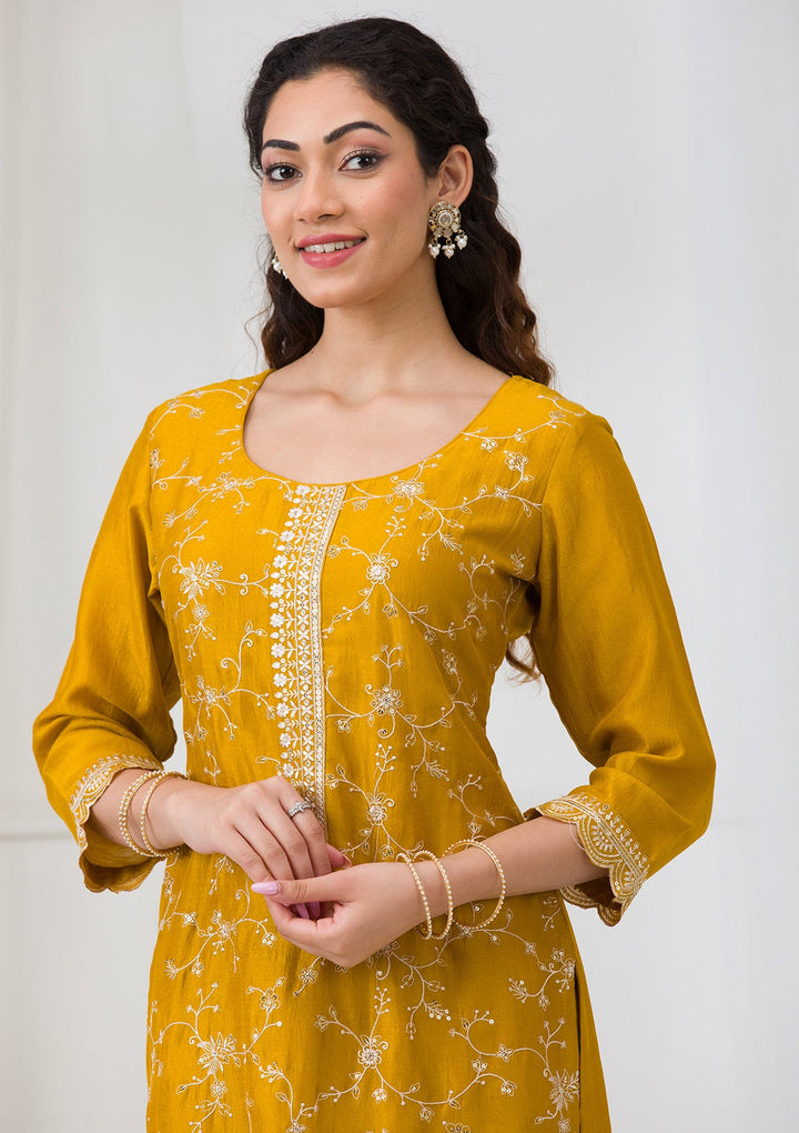 Mustard Sequins Raw Silk Readymade Salwar Suit-Koskii