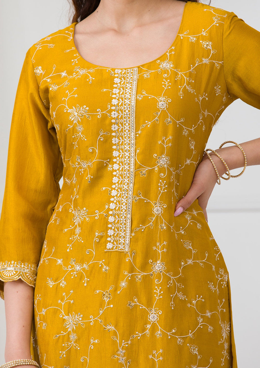 Mustard Sequins Raw Silk Readymade Salwar Suit-Koskii