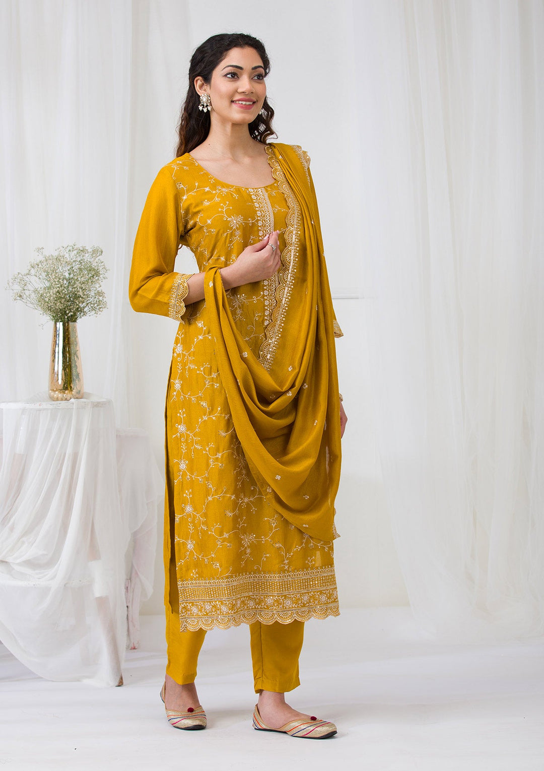 Mustard Sequins Raw Silk Readymade Salwar Suit-Koskii