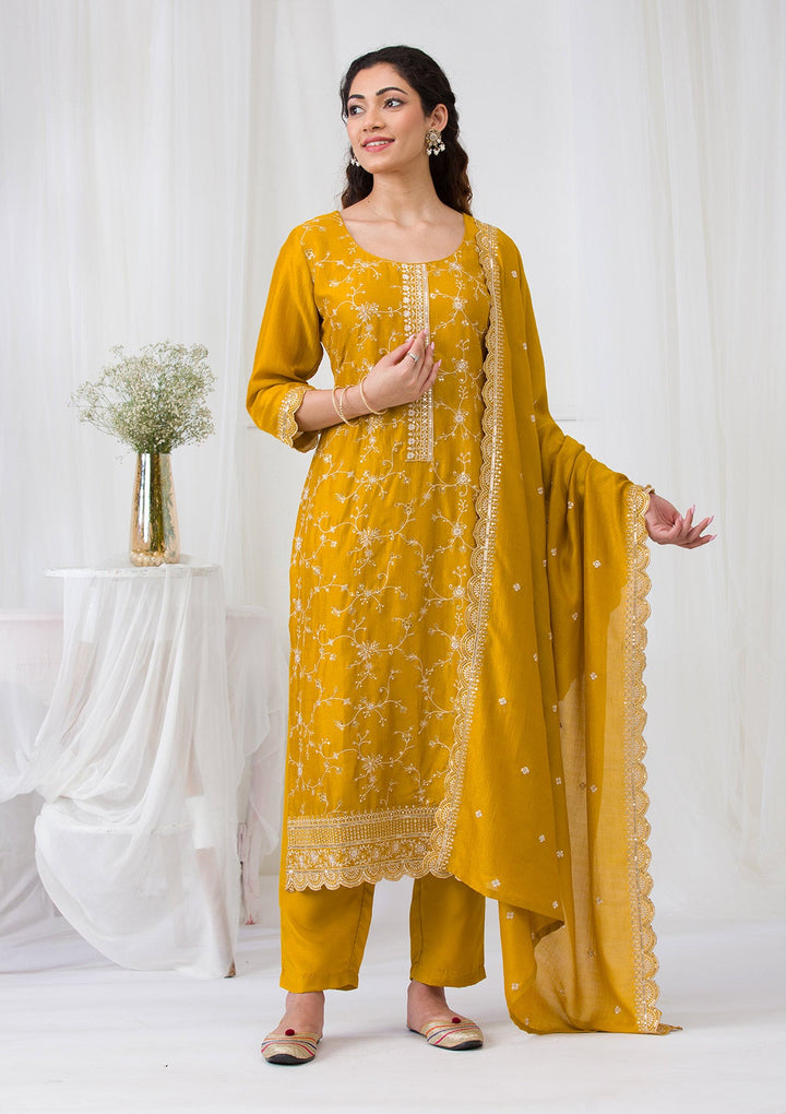 Mustard Sequins Raw Silk Readymade Salwar Suit-Koskii
