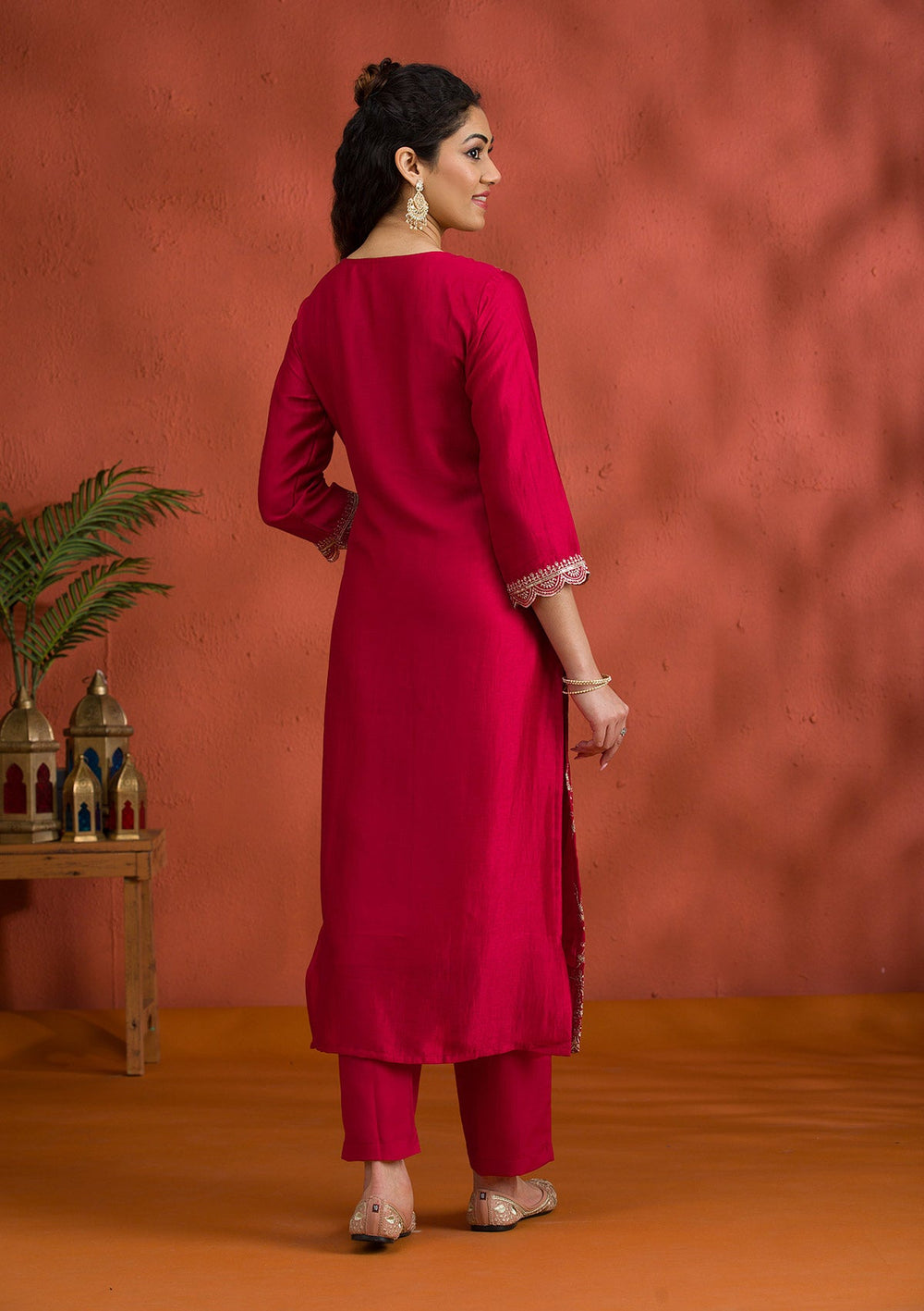 Rani Pink Threadwork Raw Silk Readymade Salwar Suit-Koskii