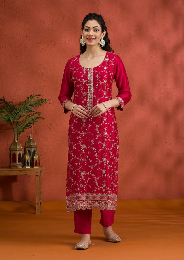 Rani Pink Threadwork Raw Silk Readymade Salwar Suit-Koskii