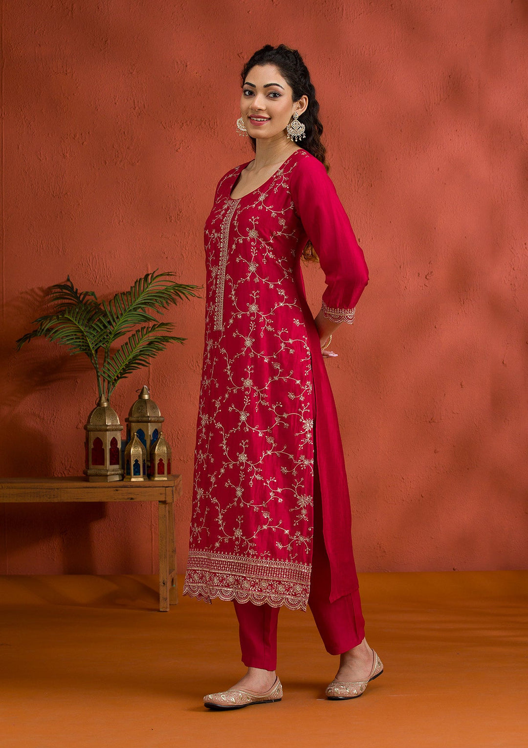 Rani Pink Threadwork Raw Silk Readymade Salwar Suit-Koskii