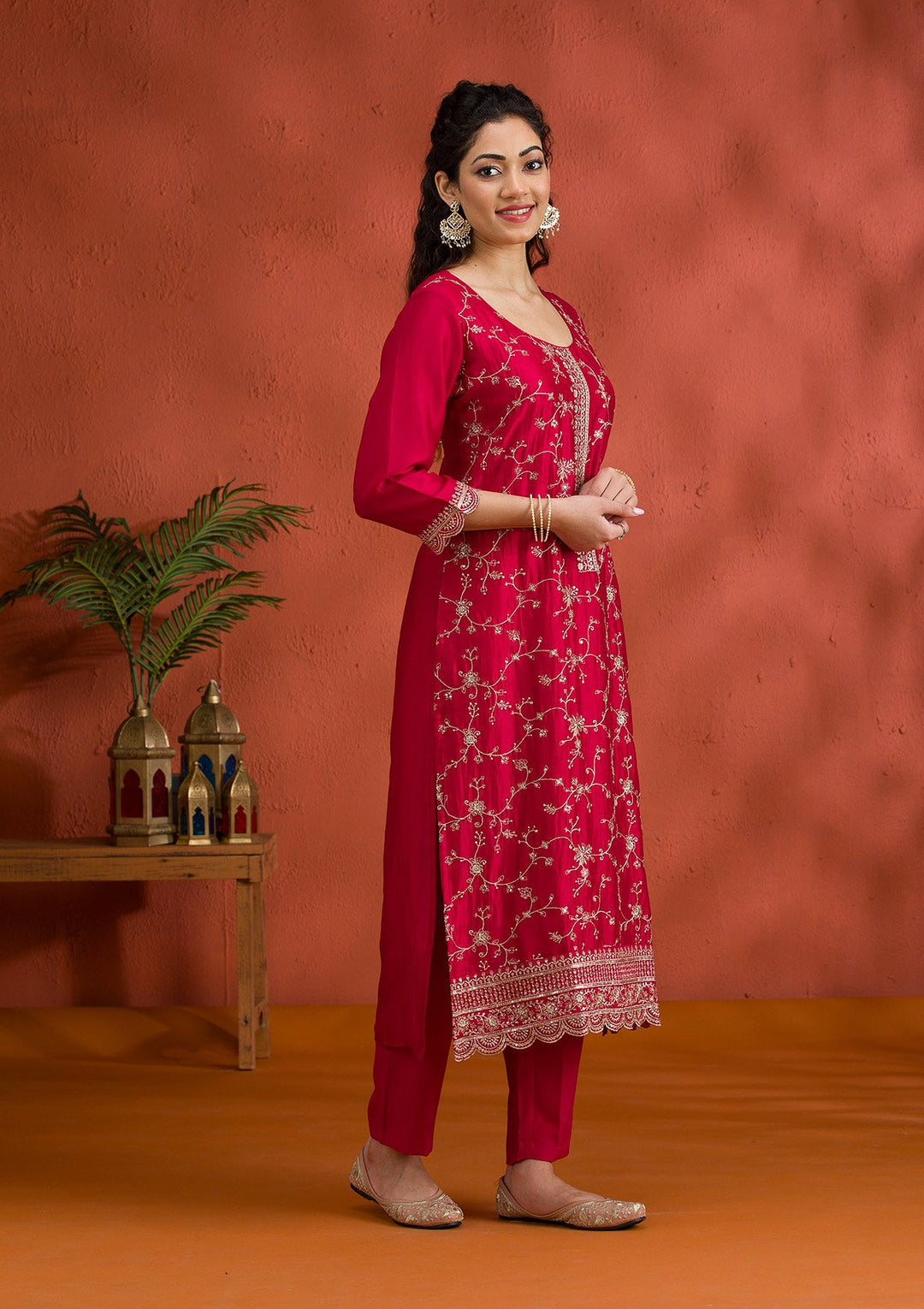 Rani Pink Threadwork Raw Silk Readymade Salwar Suit-Koskii