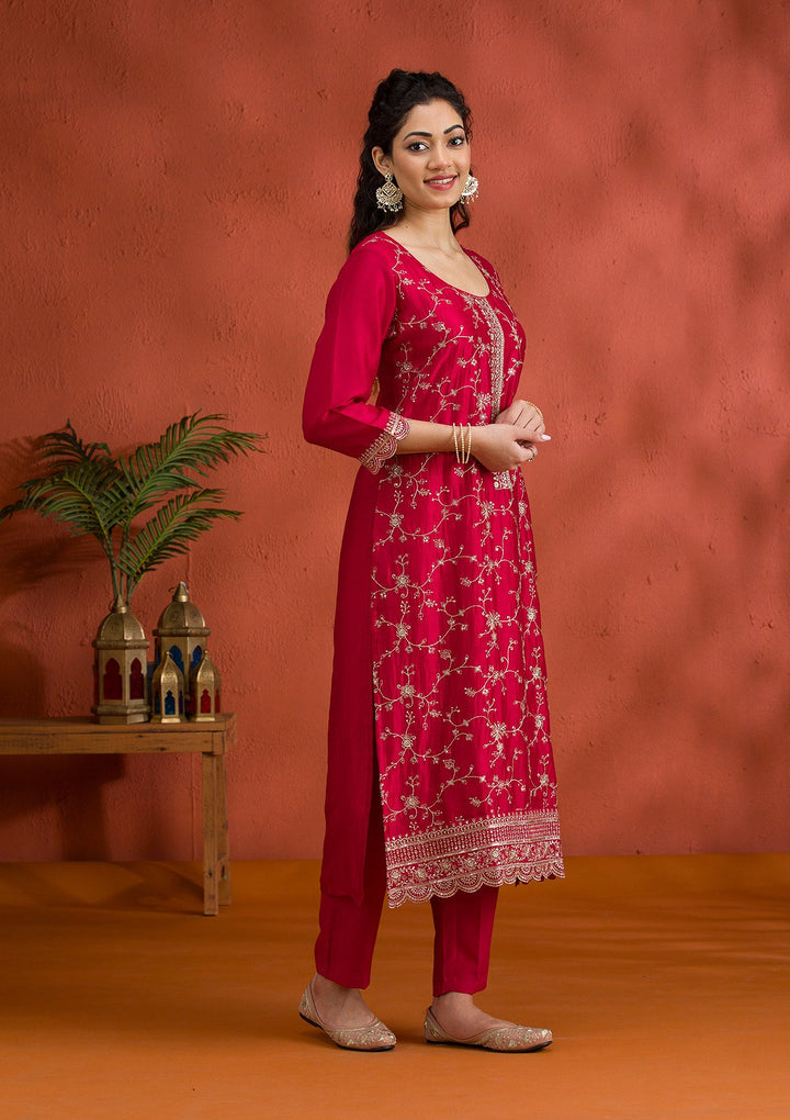 Rani Pink Threadwork Raw Silk Readymade Salwar Suit-Koskii