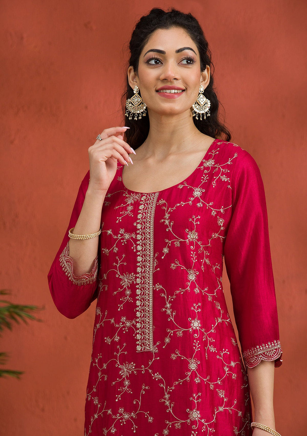 Rani Pink Threadwork Raw Silk Readymade Salwar Suit-Koskii