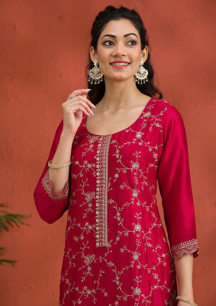 Rani Pink Threadwork Raw Silk Readymade Salwar Suit-Koskii