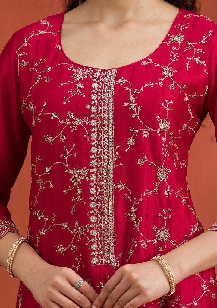 Rani Pink Threadwork Raw Silk Readymade Salwar Suit-Koskii