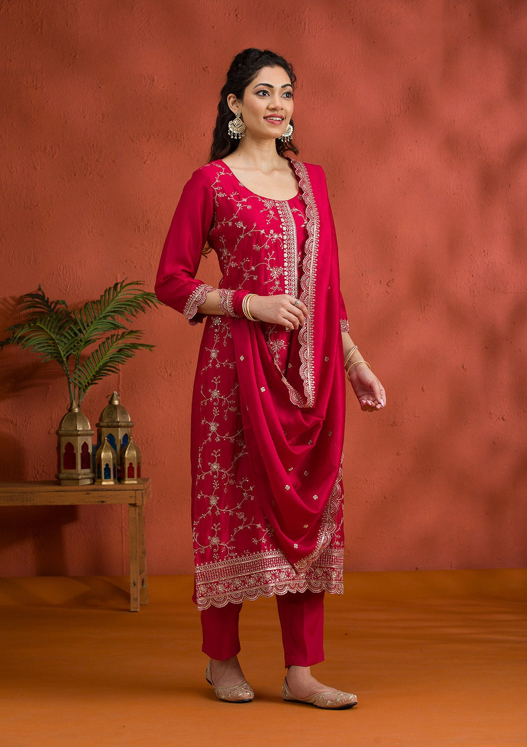 Rani Pink Threadwork Raw Silk Readymade Salwar Suit-Koskii
