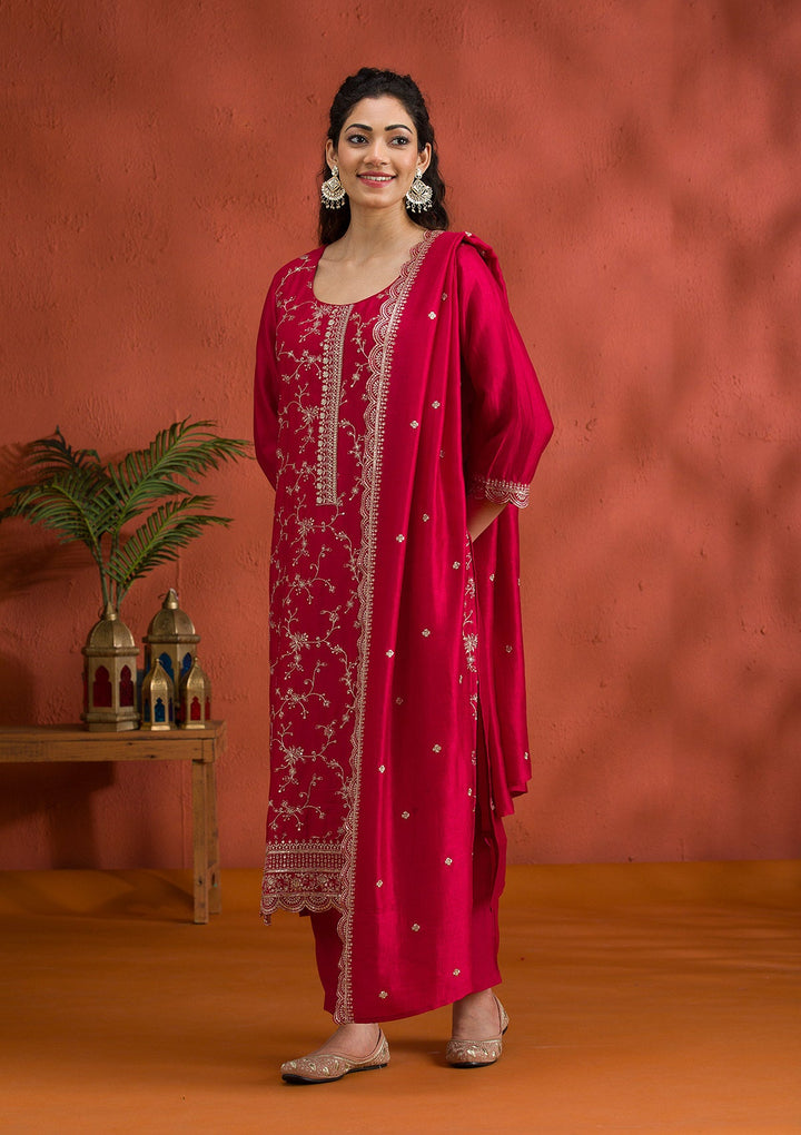 Rani Pink Threadwork Raw Silk Readymade Salwar Suit-Koskii