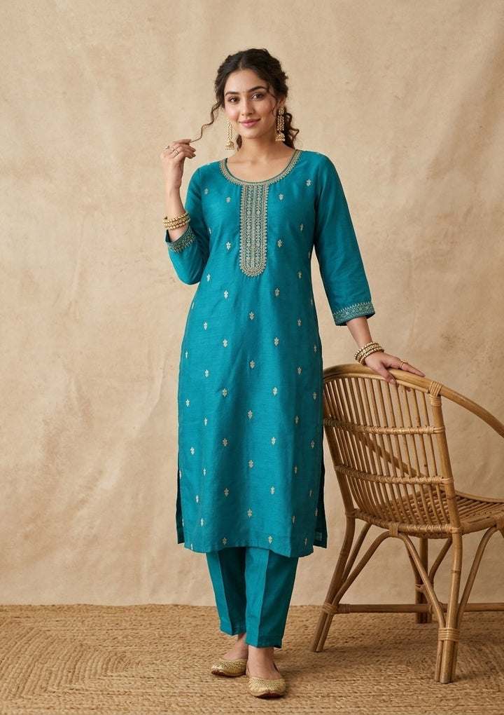 Turquoise Blue Zariwork (Gold) Soft Raw Silk Readymade Salwar Suit