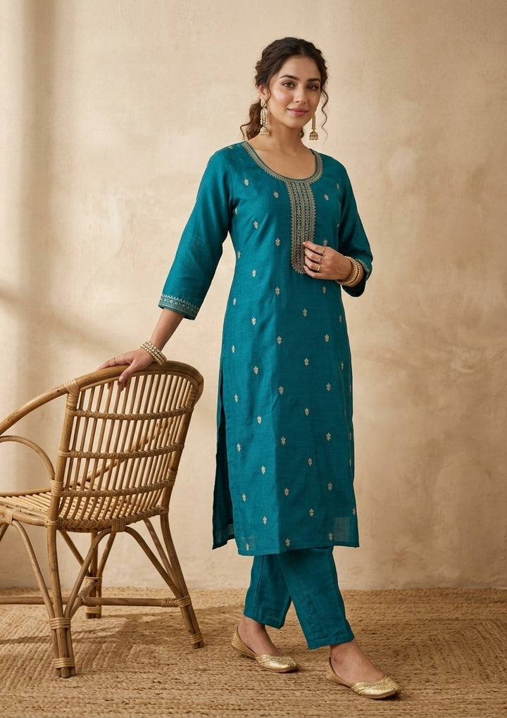 Turquoise Blue Zariwork (Gold) Soft Raw Silk Readymade Salwar Suit