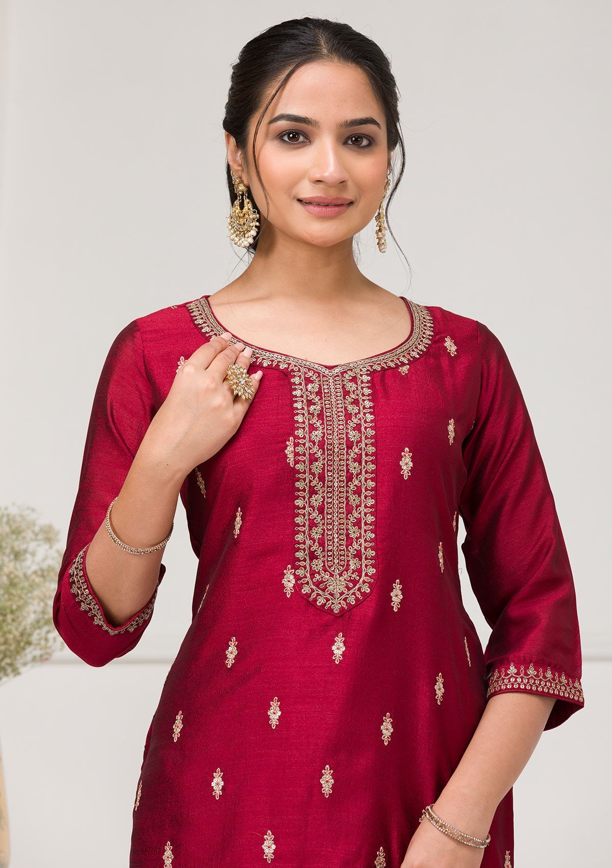 Maroon Sequins Raw Silk Readymade Salwar Suit-Koskii