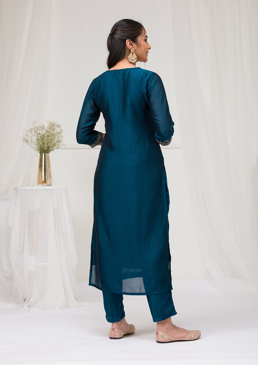 Peacock Blue Sequins Raw Silk Readymade Salwar Suit-Koskii