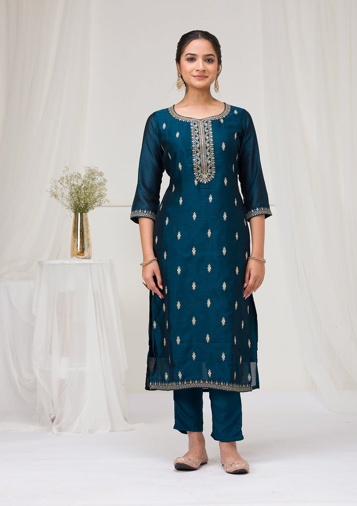 Peacock Blue Sequins Raw Silk Readymade Salwar Suit-Koskii