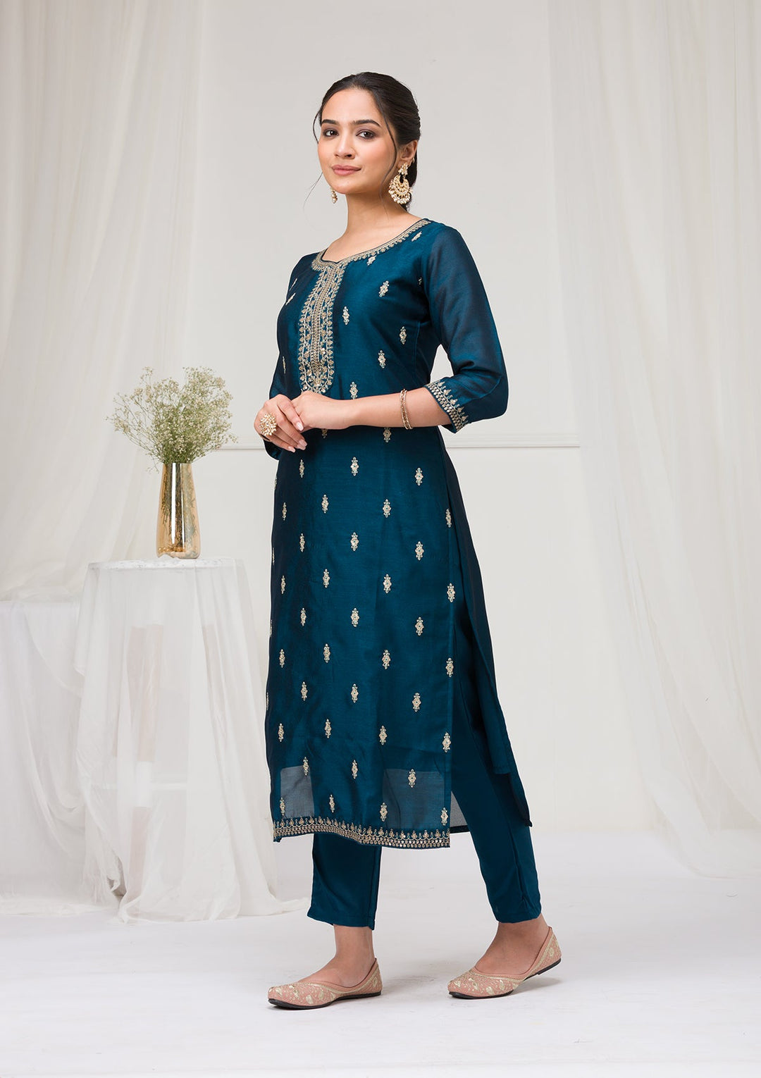 Peacock Blue Sequins Raw Silk Readymade Salwar Suit-Koskii