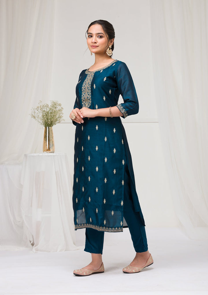 Peacock Blue Sequins Raw Silk Readymade Salwar Suit-Koskii
