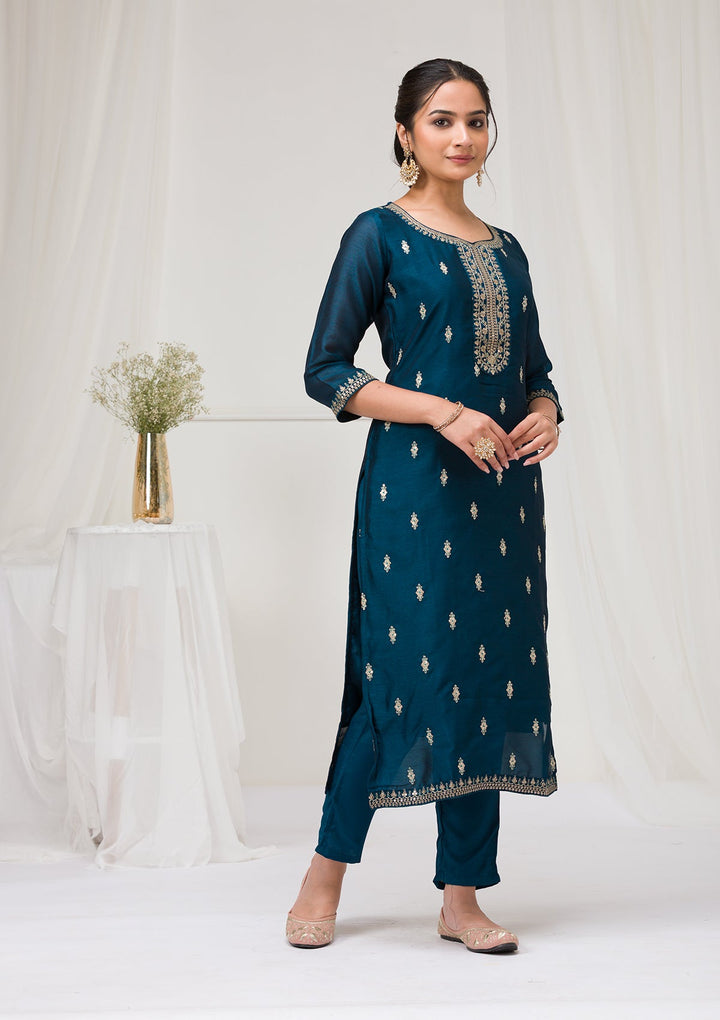 Peacock Blue Sequins Raw Silk Readymade Salwar Suit-Koskii
