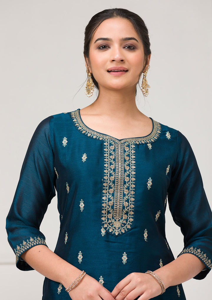 Peacock Blue Sequins Raw Silk Readymade Salwar Suit-Koskii