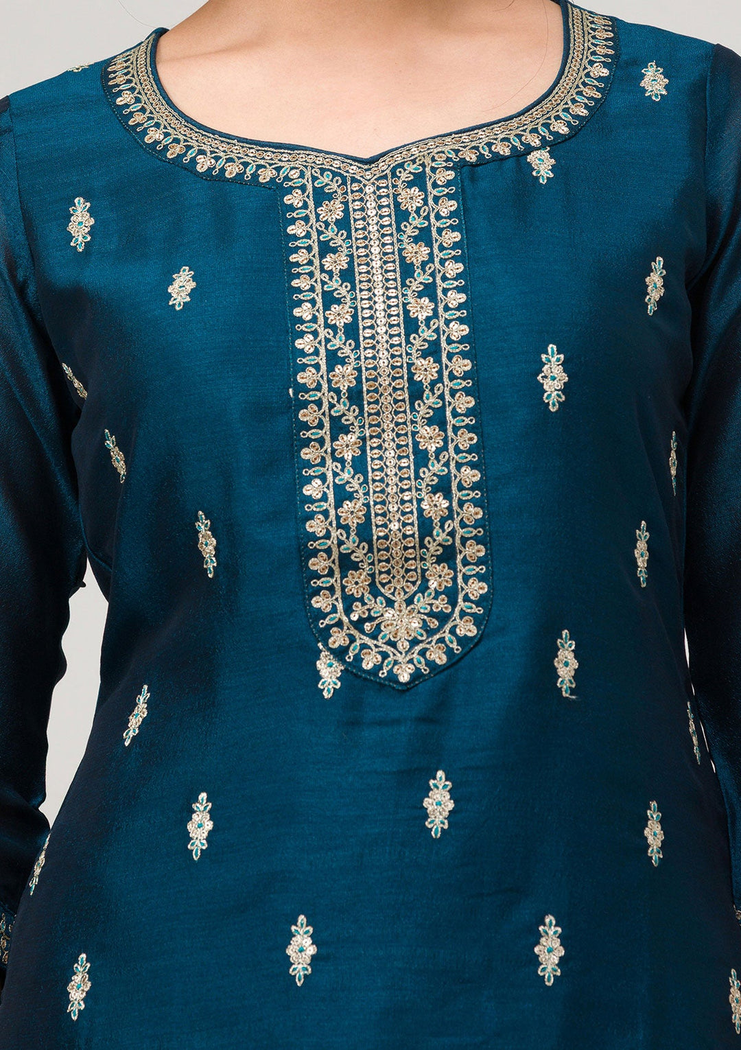 Peacock Blue Sequins Raw Silk Readymade Salwar Suit-Koskii